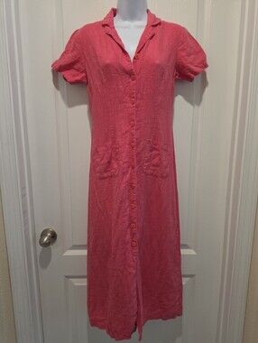 Vintage Carol Anderson Bubblegum Pink Linen Button Down Dress PS Natural Fiber
